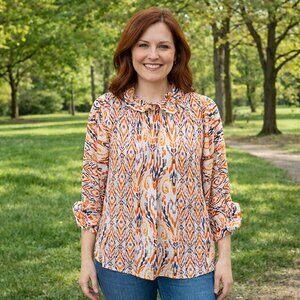 Democracy Womens PL Blouse Ruffle Trim Cuff Pullover Vneck Boho 3/4 Sleeve NWT